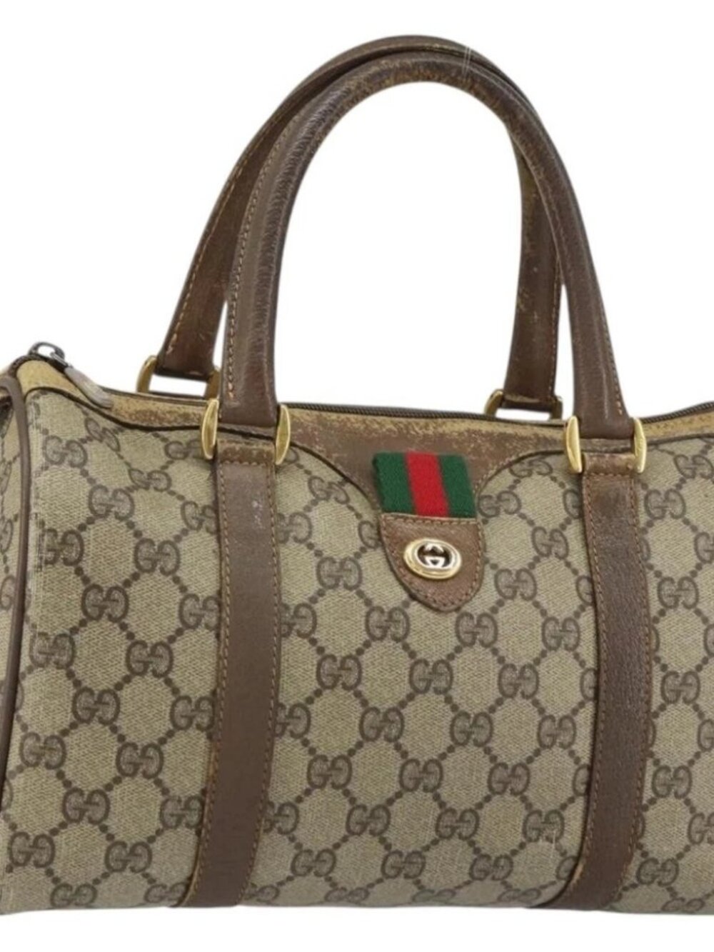 GUCCI GG Supreme Web Sherry Line Boston Bag PVC Beige Gold